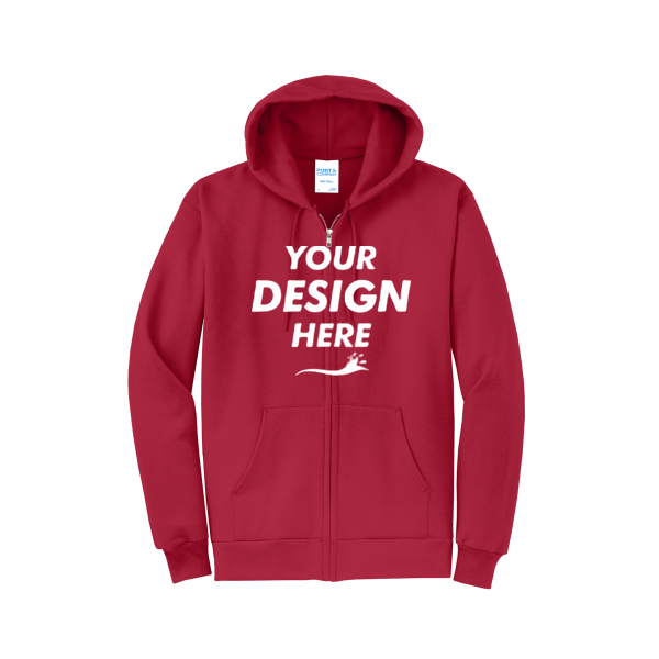 Port & Co Core Fleece Full Zip Hooded Sweatshirt, Red, Front view, Mockup