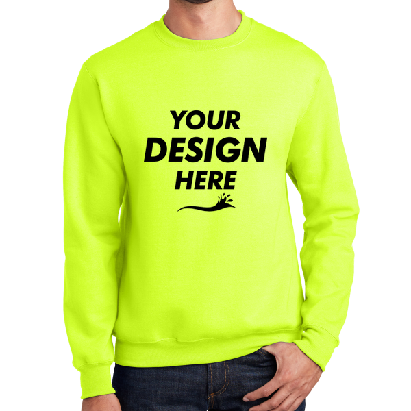 Port & Co Essential Fleece Crewneck Sweatshirt, Safety Green, Front view, Mockup