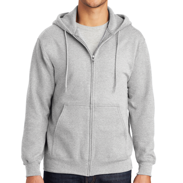 Port & Co Essential Fleece Full Zip Hooded Sweatshirt, Ash, Front view