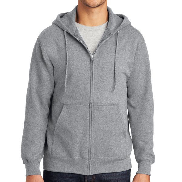 Port & Co Essential Fleece Full Zip Hooded Sweatshirt, Athletic Heather, Front view