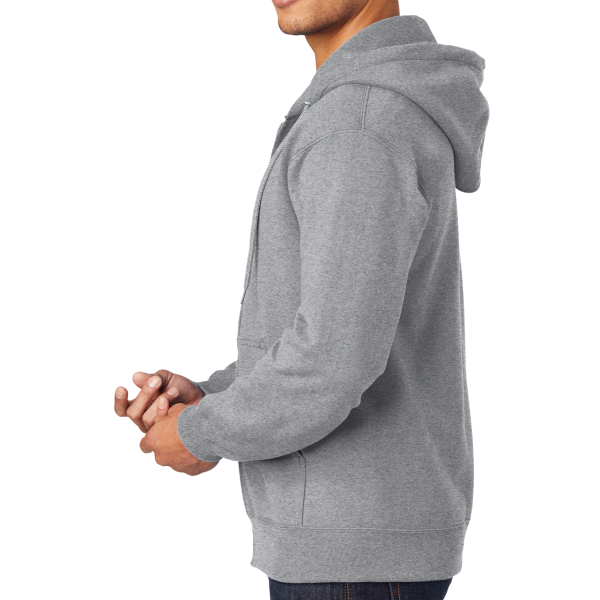Port & Co Essential Fleece Full Zip Hooded Sweatshirt, Athletic Heather, Left Sleeve view