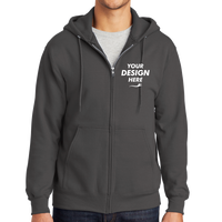 Port & Co Essential Fleece Full Zip Hooded Sweatshirt, Charcoal, Front view, Mockup