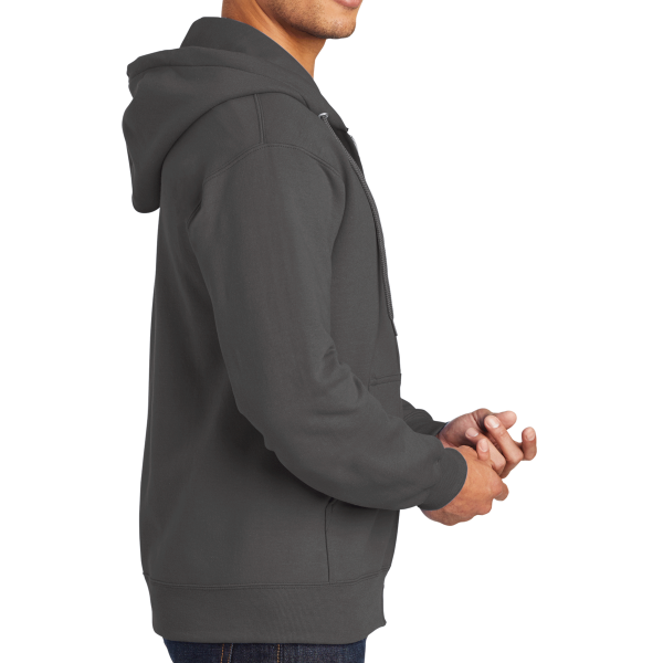 Port & Co Essential Fleece Full Zip Hooded Sweatshirt, Charcoal, Right Sleeve view