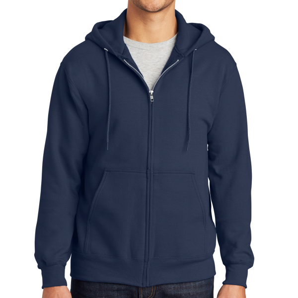 Port & Co Essential Fleece Full Zip Hooded Sweatshirt, Navy, Front view