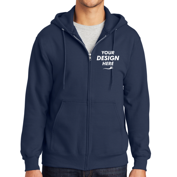 Port & Co Essential Fleece Full Zip Hooded Sweatshirt, Navy, Front view, Mockup