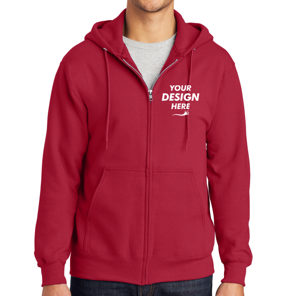Port & Co Essential Fleece Full Zip Hooded Sweatshirt, Red, Front view, Mockup