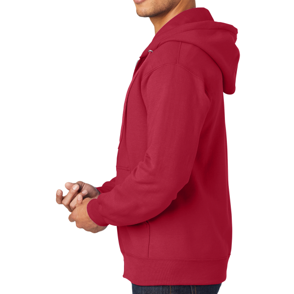 Port & Co Essential Fleece Full Zip Hooded Sweatshirt, Red, Left Sleeve view
