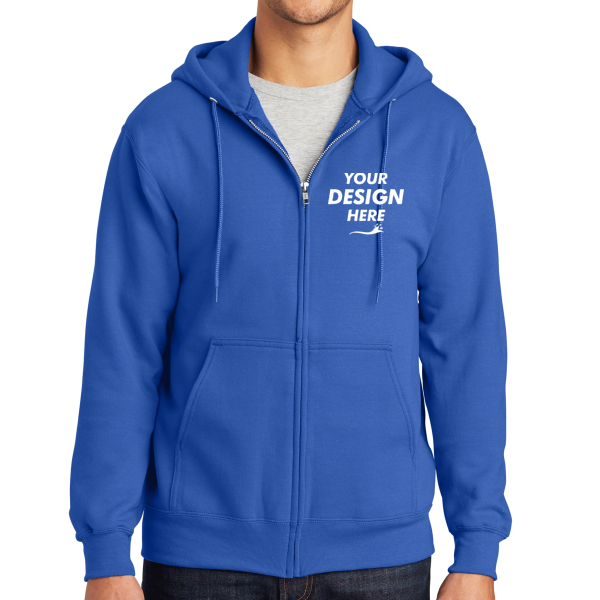 Port & Co Essential Fleece Full Zip Hooded Sweatshirt, Royal, Front view, Mockup