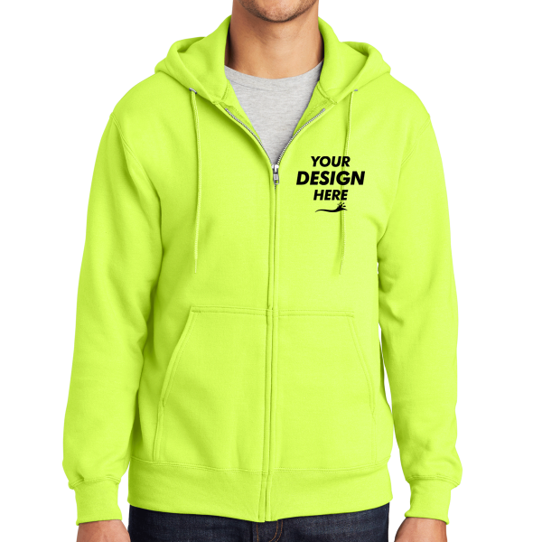 Port & Co Essential Fleece Full Zip Hooded Sweatshirt, Safety Green, Front view, Mockup