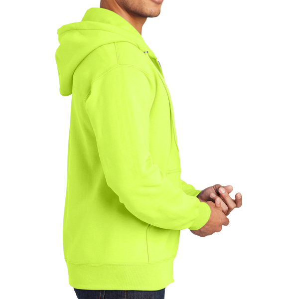 Port & Co Essential Fleece Full Zip Hooded Sweatshirt, Safety Green, Right Sleeve view