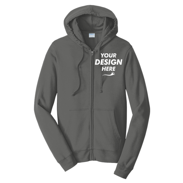 Port & Co Fan Favorite Fleece Full Zip Hooded Sweatshirt, Charcoal, Front view, Mockup