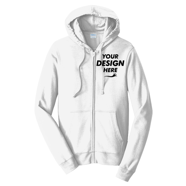 Port & Co Fan Favorite Fleece Full Zip Hooded Sweatshirt, White, Front view, Mockup