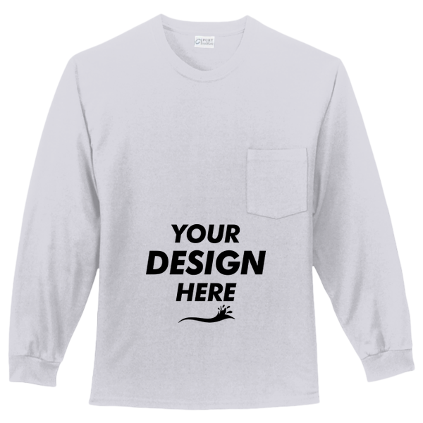Port & Co Long Sleeve Essential Pocket Tee, Ash, Front view, Mockup