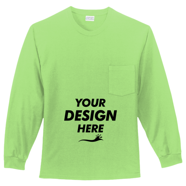 Port & Co Long Sleeve Essential Pocket Tee, Lime, Front view, Mockup