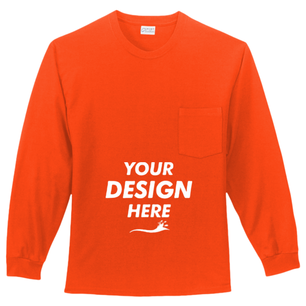 Port & Co Long Sleeve Essential Pocket Tee, Orange, Front view, Mockup