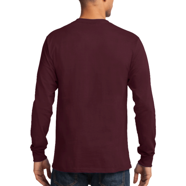 Port & Co Long Sleeve Essential Tee, Athletic Maroon, Back view