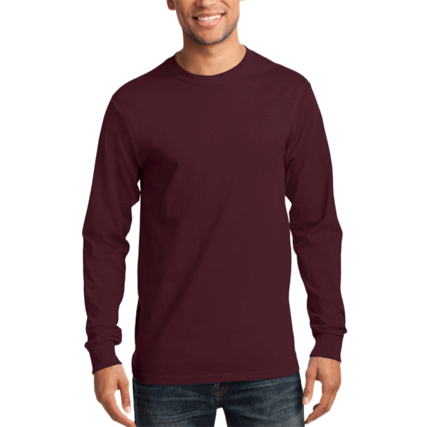 Port & Co Long Sleeve Essential Tee, Athletic Maroon, Front view