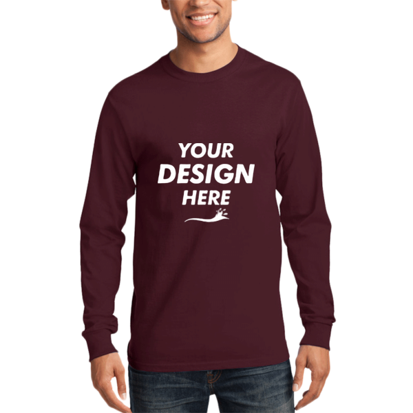 Port & Co Long Sleeve Essential Tee, Athletic Maroon, Front view, Mockup