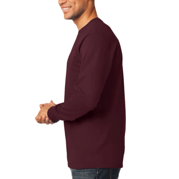 Port & Co Long Sleeve Essential Tee, Athletic Maroon, Left Sleeve view