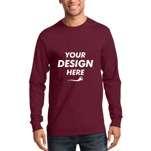 Port & Co Long Sleeve Essential Tee, Cardinal, Front view, Mockup