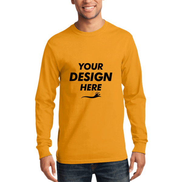 Port & Co Long Sleeve Essential Tee, Gold, Front view, Mockup