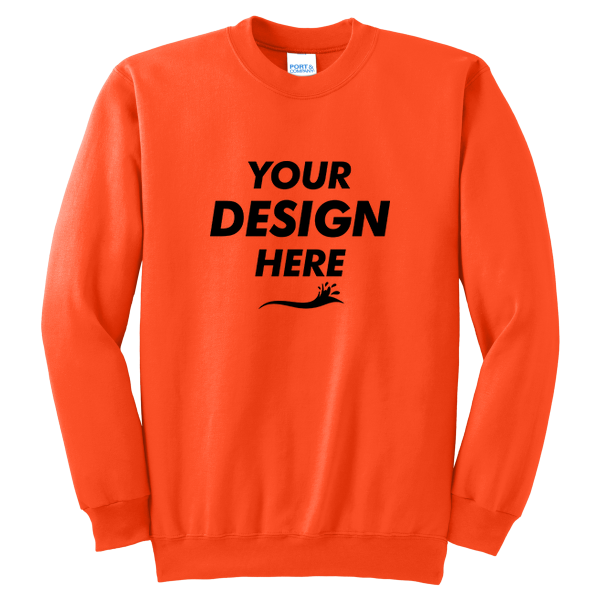 Port & Co Tall Essential Fleece Crewneck Sweatshirt, Safety Orange, Front view, Mockup