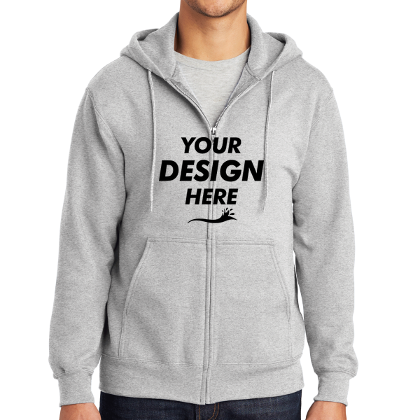 Port & Co Tall Essential Fleece Full Zip Hooded Sweatshirt, Ash, Front view, Mockup