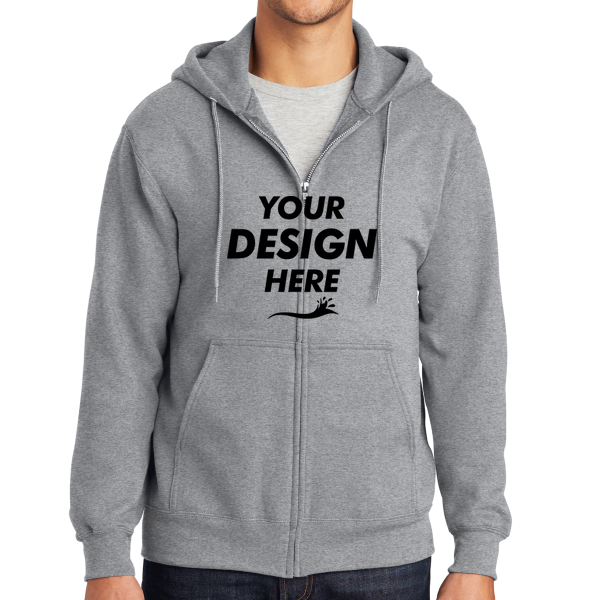 Port & Co Tall Essential Fleece Full Zip Hooded Sweatshirt, Athletic Heather, Front view, Mockup