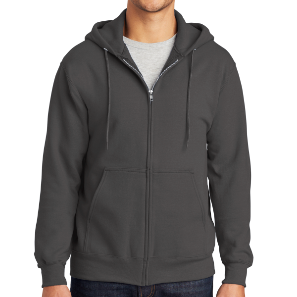 Port & Co Tall Essential Fleece Full Zip Hooded Sweatshirt, Charcoal, Front view
