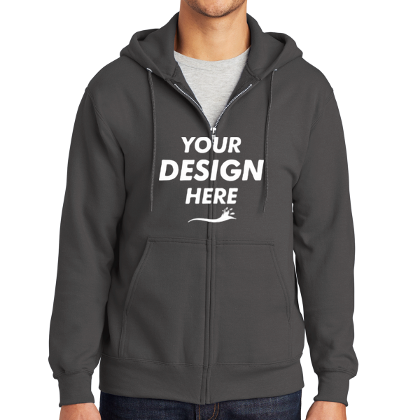 Port & Co Tall Essential Fleece Full Zip Hooded Sweatshirt, Charcoal, Front view, Mockup
