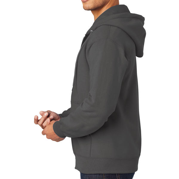Port & Co Tall Essential Fleece Full Zip Hooded Sweatshirt, Charcoal, Left Sleeve view