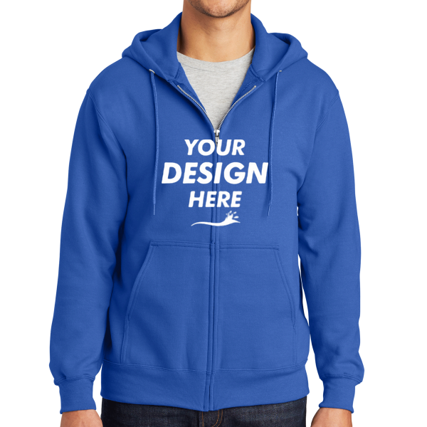 Port & Co Tall Essential Fleece Full Zip Hooded Sweatshirt, Royal, Front view, Mockup