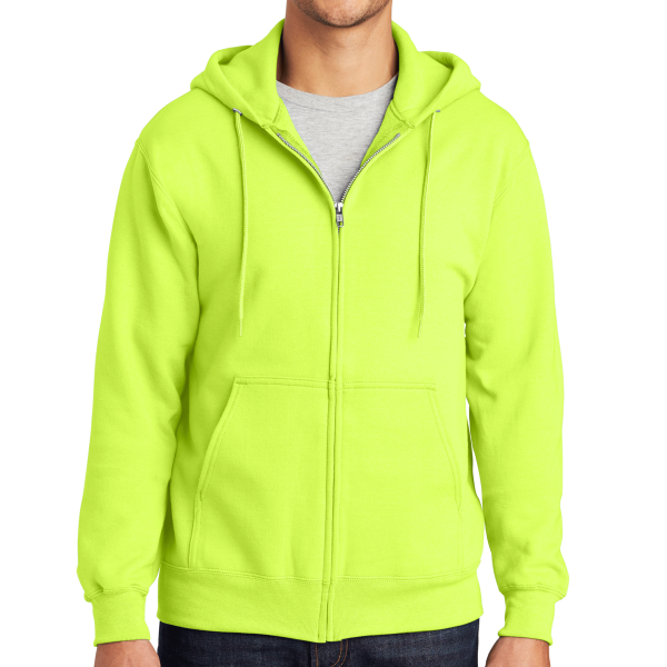 Port & Co Tall Essential Fleece Full Zip Hooded Sweatshirt, Safety Green, Front view