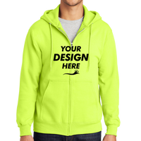 Port & Co Tall Essential Fleece Full Zip Hooded Sweatshirt, Safety Green, Front view, Mockup