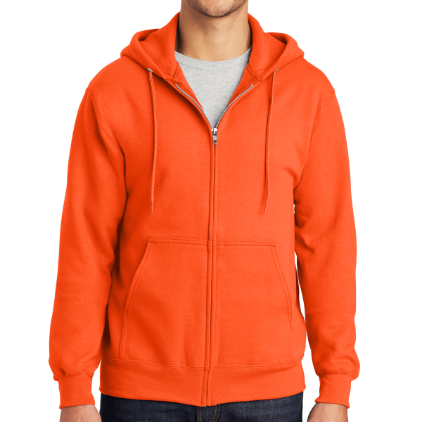 Port & Co Tall Essential Fleece Full Zip Hooded Sweatshirt, Safety Orange, Front view
