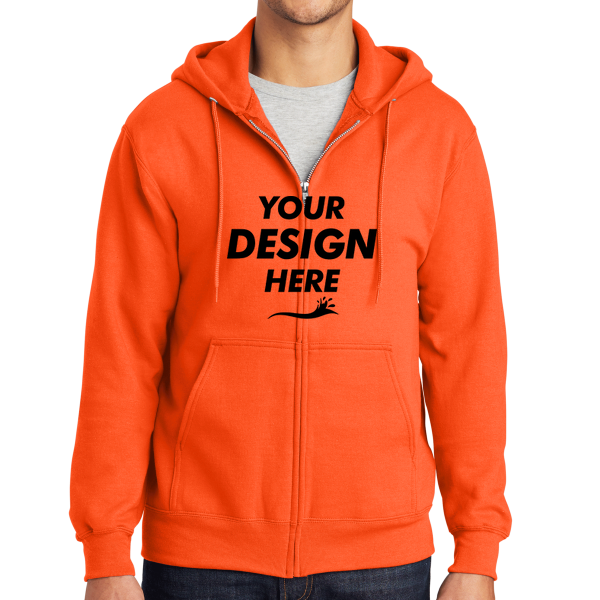 Port & Co Tall Essential Fleece Full Zip Hooded Sweatshirt, Safety Orange, Front view, Mockup