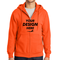 Port & Co Tall Essential Fleece Full Zip Hooded Sweatshirt, Safety Orange, Front view, Mockup