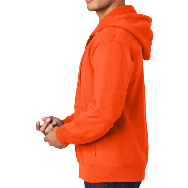 Port & Co Tall Essential Fleece Full Zip Hooded Sweatshirt, Safety Orange, Left Sleeve view