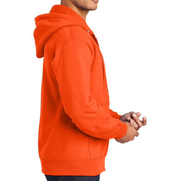 Port & Co Tall Essential Fleece Full Zip Hooded Sweatshirt, Safety Orange, Right Sleeve view