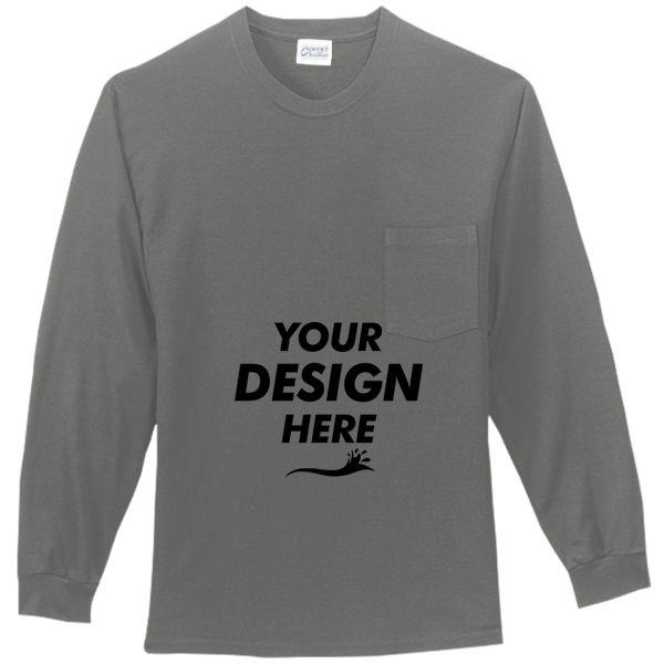 Port & Co Tall Long Sleeve Essential Pocket Tee, Charcoal, Front view, Mockup
