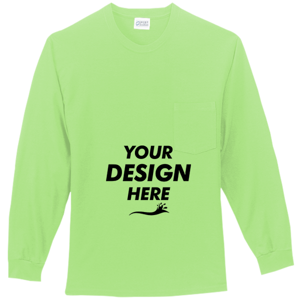 Port & Co Tall Long Sleeve Essential Pocket Tee, Lime, Front view, Mockup