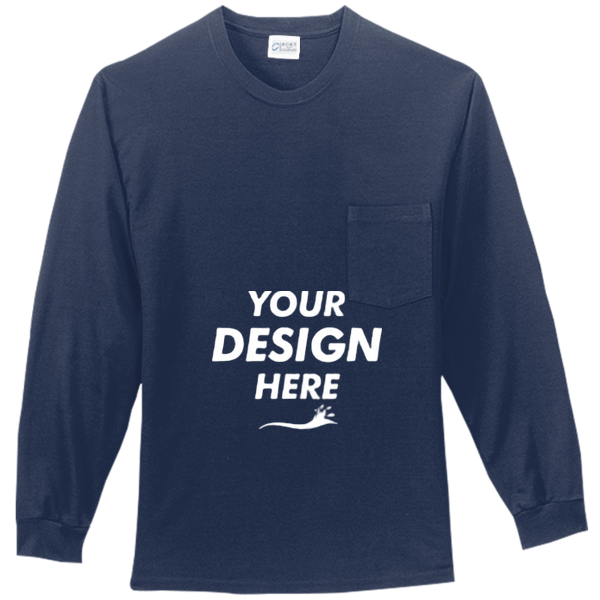 Port & Co Tall Long Sleeve Essential Pocket Tee, Navy, Front view, Mockup