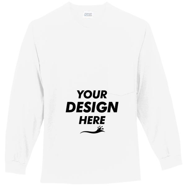 Port & Co Tall Long Sleeve Essential Pocket Tee, White, Front view, Mockup