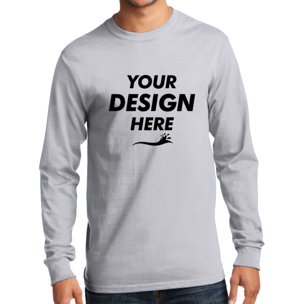Port & Co Tall Long Sleeve Essential Tee, Ash, Front view, Mockup