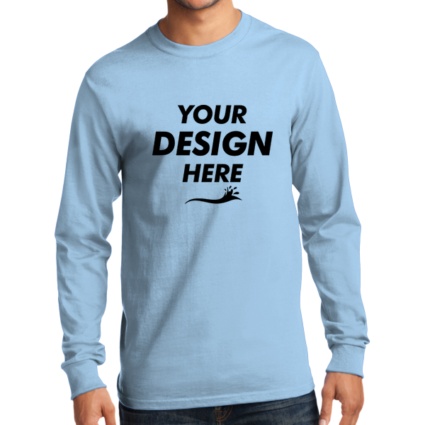 Port & Co Tall Long Sleeve Essential Tee, Light Blue, Front view, Mockup