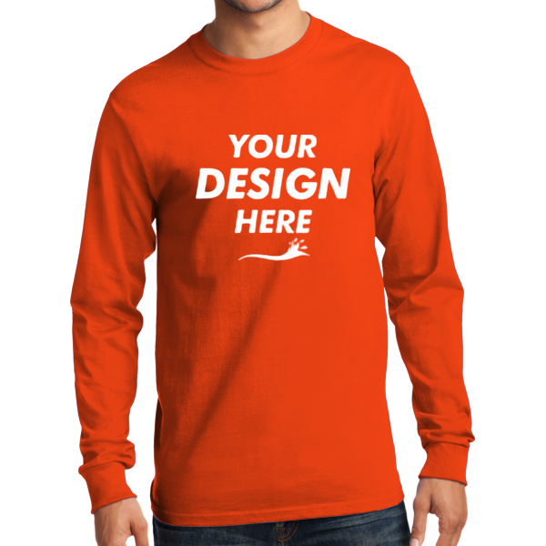 Port & Co Tall Long Sleeve Essential Tee, Orange, Front view, Mockup