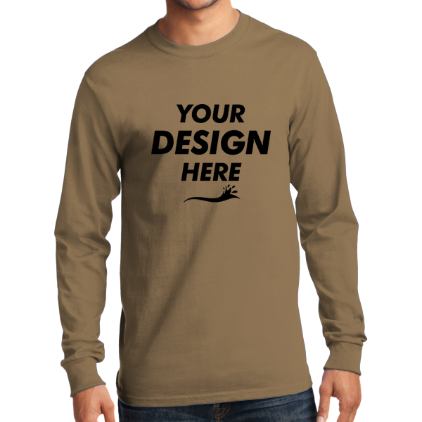Port & Co Tall Long Sleeve Essential Tee, Sand, Front view, Mockup