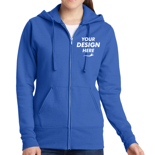 Port & Co Women's Core Fleece Full Zip Hooded Sweatshirt, Royal, Front view, Mockup