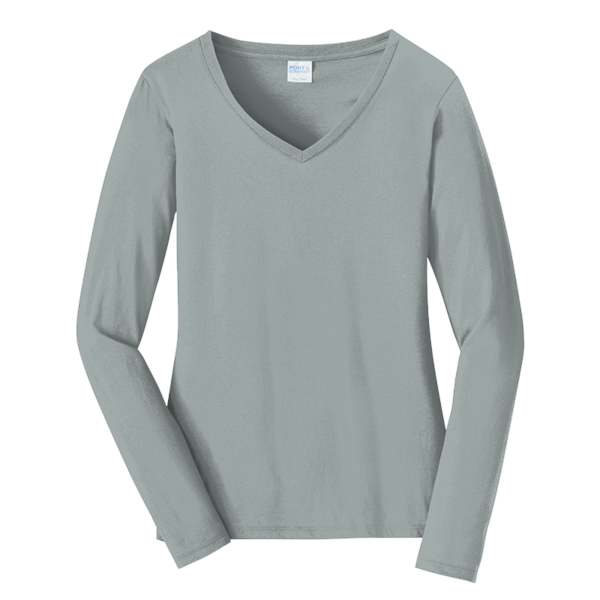 Port & Co Women's Long Sleeve Fan Favorite V Neck Tee, Athletic Heather, Front view