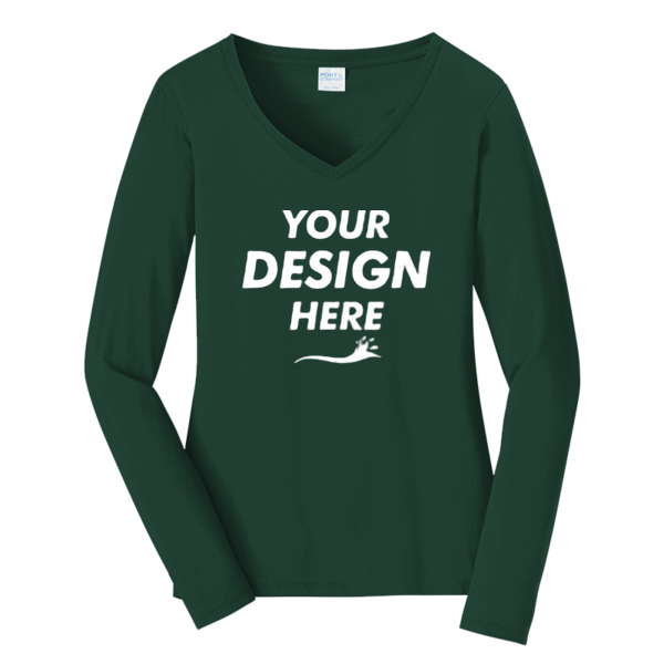 Port & Co Women's Long Sleeve Fan Favorite V Neck Tee, Forest Green, Front view, Mockup